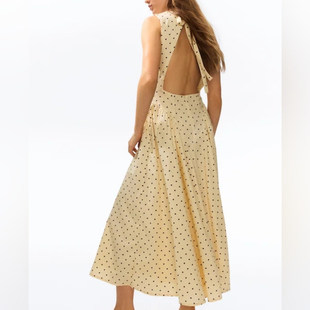 H&M Poplin Open-back Midi Dress Polka Dot Pale Yellow Black Dots Bnwt CLOSING!